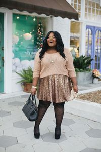 Musings of a Curvy Lady, Plus Size Fashion, Fashion Blogger, Women's Fashion, Charlotte Russe Plus, Charlotte Russe, Sequin Skater Skirt, Sequin Skirt, Gold Sequins, Polka Dot Tights, Glam Outfit, StyleWatch Magazine, Style Hunter, #REALOUTFITGRAM, #MCBeautyRoadShow, Lane Bryant Tights, Lane Bryant