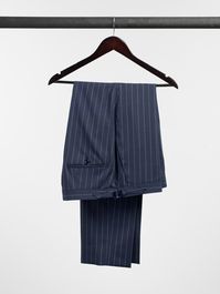 Gun metal side tabs on a navy chalk stripe trouser