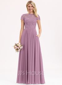 A-Line Scoop Floor-Length Chiffon Lace Bridesmaid Dress (007206482) - JJ's House