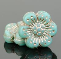 Czech Glass Wild Rose Flower Beads - Turquoise Opaque with Platinum Wash - 14mm @SolanaKaiBeads #Beads #FlowerBeads #CzechGlassBeads #OnlineBeadSupplies #SolanaKaiBeads