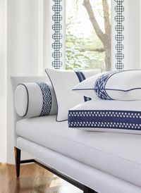 Thibaut Trims: Fret Appliqué, Crosby Cord, Belinda Tape, Cecily Tape, Summit Appliqué Tape, Perla Tape, & Beckett Tape. #fabrictextures #fabric #homeinspiration #pillows