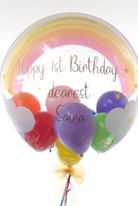 Gorgeous rainbow bubble balloon, filled with an assortment of mini balloons and personalised with gold text. Personalised with your own message! Supplied inflated! Delivered to your door! For more information please visit our website...