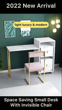 Space saving design for compact and small space. Light luxury and mordern design, it can be used as study desk, vanity table or small dining table. Materail: MDF board and stainless steel. 2 colors available: white and green. Folded size: 92x52x40cm(36"x20"x16"), opened size: 92x117x40cm(36"x46"x16") Fully-assembled, open the box to use it instantly. Shipping including: table+chairs +cabinet.