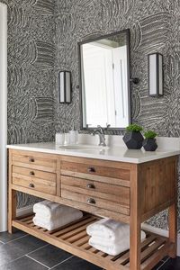 black and gold wallpaper wood vanity - Google Search