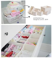 Ikea storage boxes for small baby clothes and many great ideas to get your home organized.