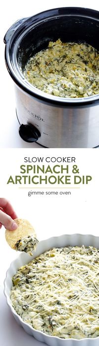 Slow Cooker Spinach Artichoke Dip -- the delicious dip that we all love, made extra quick and easy in the crock pot | gimmesomeoven.com