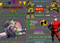 Beautiful three themes birthday invitation: buzz Lightyear, the incredibles and ninja turtles. We can cusotmize it with your themes. #birthday #birthdayparty #birthdayinivtation #birthdayinvite #birthdayprintable #birthdaydecoration #buzzlightyear #theincredibles #ninjaturtles