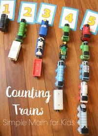 Look no further than your child's toy train collection for a hands-on manipulative to use to learn simple math skills like counting, 1:1 correspondence, and addition/ subtraction.