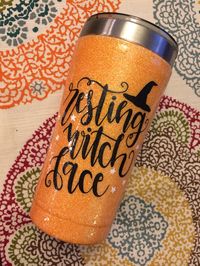 Halloween Glitter Tumbler | Resting Witch Face | Orange and Black Witch Custom Tumbler | by HeidiHandmadeDesigns on Etsy