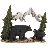 Celebrate the outdoors when you're indoors! Black Bears In Mountains is a scene made from resin. The base has a light brown and black textured surface to mimic rocky terrain, and there is an adult black bear and a baby black bear facing each other in between two green pine trees. There is also a white and brown distressed outline of snowy mountain peaks that are connected by the trees. Set this out on a counter or shelf! Dimensions: Length: 1 5/16" Width: 6 3/16" Height: 4 1/4"