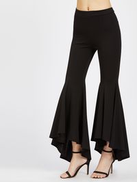 Women Glamorous Plain Flare Leg Loose Zipper Fly High Waist Black Crop Length Hi Lo Ruffle Hem Pants