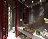 Big Mamma's unique red restaurant wc decor. Stand-out red wall frames and and red doors, bronze sinks, unique bathroom ligting, exposed metal grill, and stunning grey tiles. | Big Mamma's, endüstriyel tarzıyla benzersiz kırmızı renginin dikkat çektiği ıslak hacimleri. Çarpıcı kırmızı duvar çerçeveleri ve kırmızı kapı, bronz lavabo, benzersiz wc aydınlatması, açıkta bırakılan metal ızgara ve gri seramikleriyle dikkat çekiyor. #industrial