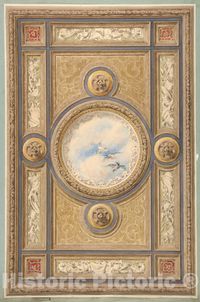 Jules-Edmond-Charles Lachaise - Design for a Carved and Painted Ceiling with Clouds and Ducks in The Central Circular Panel - Historic Pictoric