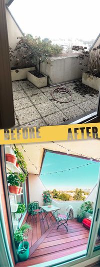 Transformation totale de la terrasse balcon de l'appartement parisien, petit jardin au coeur de la ville, cocooning, cosy, cozy, table et chaise, guirlande guinguette lumineuse, avant après les travaux, bac de fleurs, pot de jardin, potager sur la terrasse avec vue, plantations, barbecue, bbq, bois teck exotique extérieur renovation, paris, ile de france, studio, 30m2, petit espace, optimisation, en angle, feuillage, bouquet, terre cuite, etageres, grille, grillage, suspension, ikea,leroy merlin