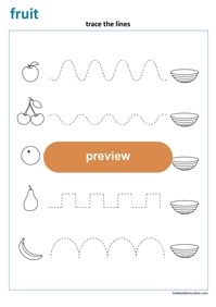 Trace the lines, Fruit worksheet, learn to write. Preschool, Kindergarten, First grade worksheets: lookbookeducation.com