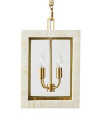 A classic lantern shape meets white bone tiles for the ultimate matchup of clean lines and rich, polished texture. Slender striping in the hand-laid bone tile brings a sophisticated pattern that shines, and mitered corners add the perfect finishing touch. A stylish brass chain provides a touch more glamour. It's an ideal statement pendant for the foyer and beyond.