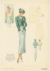 aquette de style masculin en tissu rayonne quadrillé. Jupe assortie en flanelle. La blouse se fait en Chine crème.