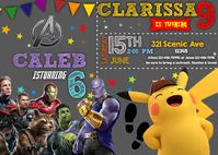 Marvelous Two themes Birthday Invitation for twins or siblings Avengers and Pikachu https://www.oscarsitosroom.com/product/avengers-and-pikachu-invitation/ #avnegersinvitation #pikachuinvitation #avengersbirthday #pikachubirthday #twinsbirthday #twinsinvitation #siblingbirthday #siblinginvitation