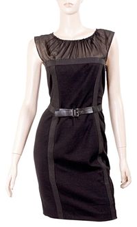 Form-Fitting Flare You'll exude an air of sexy confidence and feel utterly feminine in this Philosophy di Alberta Ferretti belted LBD with it's sheer neckline Black rayon polyamide blend jersey. Cocktail dress with gathered silk inset down back. Gathered black silk neckline with nude silk lining. Black grosgrain trimmed bodice. Grosgrain trimmed waist with stitched faux leather belt detail. Concealed side zipper closure. Unlined. Dress is in mint, near new condition, small tear in seam right bel