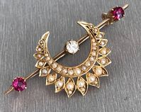 Victorian Antique 15ct Gold Ruby Diamond and Split Pearl Bar Brooch Half Moon Brooch Crescent Brooch