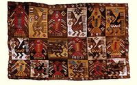 Chimu mantle, Late Intermediate Period, 1000 - 1476 AD. Design is alternating pelicans and tuna fish.