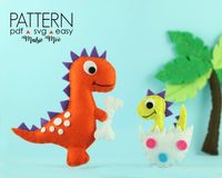 T Rex Dinosaur Plush Toy - Felt Dinosaur Pattern - The bright and cheery T Rex Dinosaur and Baby is cut and stitched entirely by hand (no sewing machine needed) and is the perfect sewing pattern for beginners. Pattern Includes - Dinosaur - Rexy Baby Dino hatching from egg Palm Tree Bones Leaves How