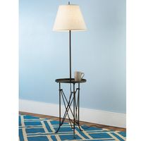 Heirloom-worthy tray table floor lamp fits in small spaces to do double duty: provide a rimmed tray to hold your spectacles and provide the light to read your favorite novel. Details abound: dark bronze finish with gold highlights, claw feet, trestle base, spire finial, textured cream burlap shade, and socket with 3 levels of light (with 3-way bulb). 3-way 150 watts.Minor assembly.(60"Hx17"W)Shade: (8"topx16"bottomx12"side).