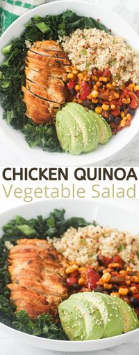 This healthy chicken quinoa vegetable salad bowl is filled with flavour! Serve as shown or mix all of the ingredients together.