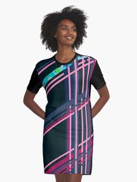 Layered pattern digital collage. Contemporary graphic t-shirt dress. Color blocking. Geometric line art. Layered colors. Pink, purple, magenta, blue, teal. Featuring my original acrylic painting, "Growth". Retro design. Women's apparel. Long T-shirt. Bold colors. ©Courtney Hatcher All Rights Reserved