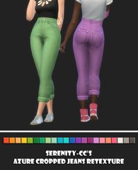 Azure Cropped Jeans Retexture - Sims 4 Vibrancy extended color palette by @pxelbox , Standalone, Custom Thumbnail, Maxis Match Textures Were Used (Credits: EA) You NEED the mesh by @serenity-cc for my...