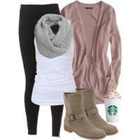 "Cozy coffee run leggings and long sweater" cardigan, scarf, long tank, leggings, Starbucks (of course!)