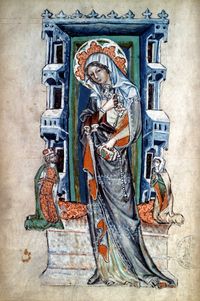 St Hedwig of Silesia, illuminated manuscript 1353. trimmed mantle, paternoster pinned to chest