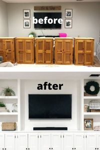 Check out this budget friendly living room cabinet idea made from upcycled kitchen cabinet found at your local thrift store or facebook marketplace. This farmhouse version is a great way to decorate your living room for cheap and yet make an expensive looking living room media cabinet and bookcase. We can't believe the before and after photos.