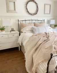 Don’t you just love the look of a layered bed??All those pillows and duvets and throwsjust beckoning you to jump inand snuggle down… Now that it’s (almost) SpringI thought it was time for a little refreshwith a few new bedding pieces.And since beige is the new ‘it’ color for 2022,I decided to add a little of that into the mixto update my look.So I found this striped duvet cover and shams that match my bed skirt and pillows.Then I found a gauzy throwand I made a new accent pillow with…