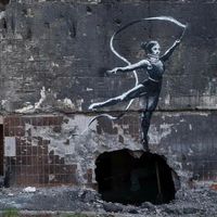 art magazine on Instagram: "#BANKSY Seven new Banksy murals have appeared in #Ukraine across war-torn sites. Speculation has been mounting that the anonymous artist was in the country after three works were spotted last week. He has now confirmed that he has created all seven murals across various locations, including the capital Kyiv, the suburb of Irpin and the town of Borodyanka—among the places hardest hit by Russian bombardments. One mural depicts a man said to resemble the Russian Presi