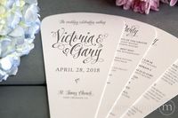 This listing is for :: - (YOUR CHOICE OF QUANTITY) 4-blade petal fans These beautiful, functional program fans are the perfect way to keep your guests informed and cool during the ceremony. They are made with ultra-thick white or ivory shimmer cardstock and tied with a satin ribbon of your color