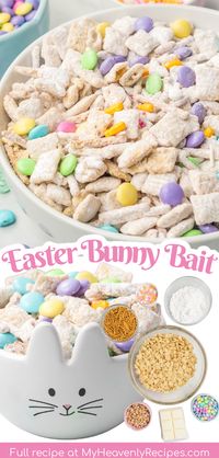 Easter Bunny Bait Mix- easter muddy buddies type of trail mix. Easter puppy chow recipe. Homemade chex cereal dessert treat idea. Easter treats gift bags or for easter baskets. M&M cute easter bunny bait.