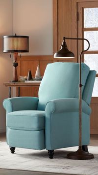 Warm at Home 💖 Get cozy with new style and a fresh pop of color in living room, bedroom, reading nook, family room, den, library, or home office space. Find these and other designer looks at www.LampsPlus.com in contemporary, traditional, mid-century modern, and more styles. | Featured: Ferris Bronze Adjustable Industrial Downbridge Pharmacy Floor Lamp- Style 78Y25 | Hunter Bronze and Cherry Wood Table Lamp- Style 20R05 | Skye Blue Push Back Recliner Chair- Style 89Y52