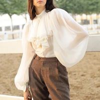 Material: Cotton Material: Polyester Clothing Length: REGULAR Style: Office Lady Fabric Type: Chiffon Sleeve Length(cm): Full Decoration: Button Pattern Type: Solid Collar: Stand Sleeve Style: lantern Sleeve Place Of Origin: China (Mainland) Gender: Women