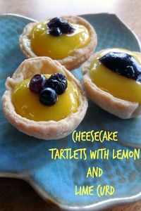 Cheesecake Tartlets with Lemon and Lime Curd - Delicious two bite treats filled with cheesecake filling and tart curd. #dessert #tartlets #cheesecake #lemoncurd via @BooksCooksLooks