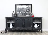 Smokey Quartz, Carbon, and Metallic Silver Glaze melt together beautifully on this dark and mysterious piece by Kate&Barrel! ♥️ www.wiseowlpaint.com #wiseowlpaint #wiseowlglaze #smokeyquartz #carbon #metallicsilver #painted #furniture #dark #black #buffet