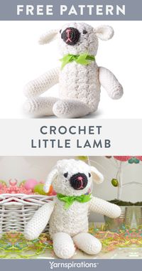 Free Little Lamb crochet pattern using Red Heart With Love yarn. Invite this little crochet lamb to your springtime celebrations! Shape your toy in Red Heart With Love as shown, or make it another color that's inspired by spring. This sweet stuffed toy is perfectly sized for snuggling and will stick around after the party, as a fun companion for kids of all ages. #Yarnspirations #FreeCrochetPattern #CrochetLamb #CrochetToy #RedHeartYarn #RedHeartWithLove