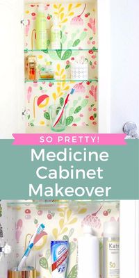 Give your medicine cabinet a colorful makeover in minutes with peel and stick wallpaper! Such an easy way to transform a drab medicine cabinet! Check out other simple decor hacks at DesignImprovised.com.