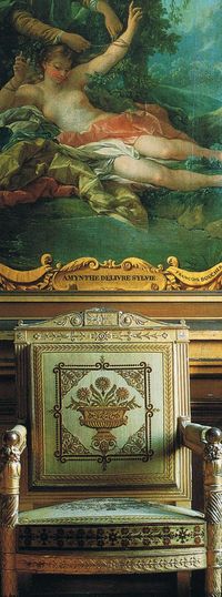 “Napoleon’s second salon at Fountainebleau, furnished in 1810. Carved and guilded armchairs upholstered in green cisele velvet patterned with urns of flowers surrounded by rosettes and palm leaves…” Silk Jacques Anquetil