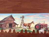 sherrylpaintz barn, windmill, horses, pony & Farmall tractor center of a cross cut saw painting.