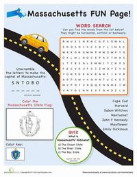 Fourth Grade Geography Travel Games Worksheets: Massachusetts Fun Facts