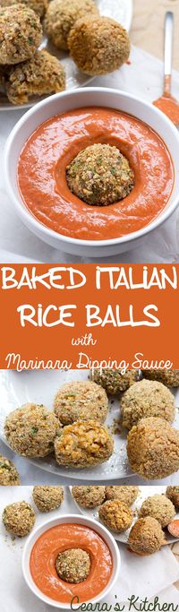 Baked Italian Rice Balls (Arancini) with Creamy Marinara Dipping Sauce - the perfect appetizer or side! Soft, cheesy & risotto-filled centered PLUS a crisp, herby + breaded exterior! #Saucesome