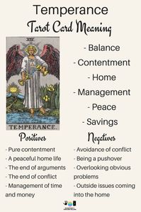 Temperance Tarot card meaning. An illustration from the Major Arcana with the Rider Waite Tarot deck. Post by divination and fortune-telling with Tarot for love, romance and relationships. Ideal for readers who are just learning the interpretations.