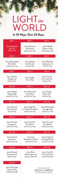 Follow the Savior's example of light and love each day in December with this printable calendar for your home. #LightTheWorld