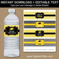 Graduation party water bottle labels in black and yellow with text you can edit yourself in Adobe Reader